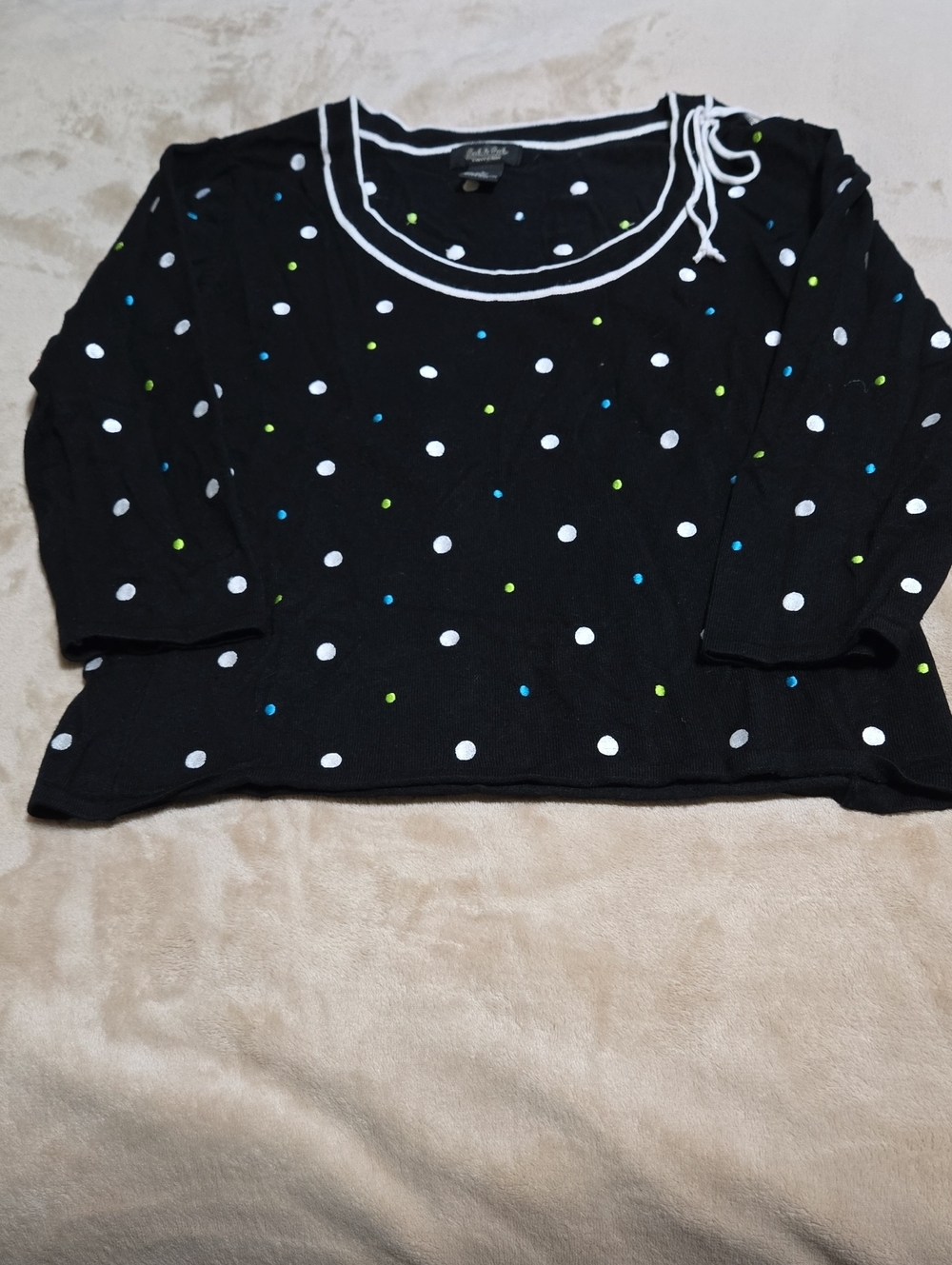 Peck & Peck Black 3/4 Sleeve Polka Dot Top with White Trim